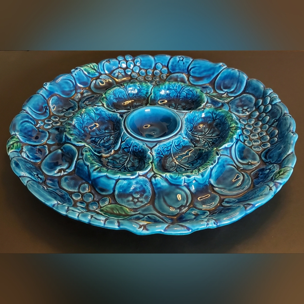 60s XL 16" Mood Indigo Blue Fruit Japanese Ceramic Platter E5043 by Inarco